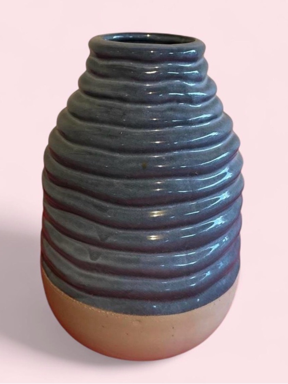 Blue Ribbed Ceramic Vase with Natural Base - Home Art